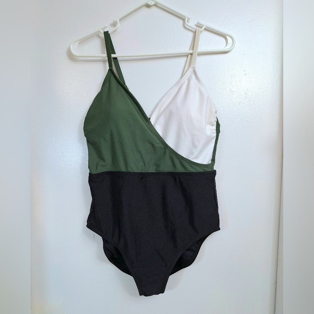 Kona Sol Target One Piece Full Coverage Swimsuit Colorblock Ivory Green Black